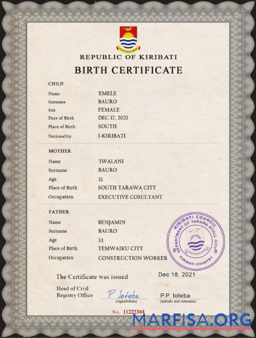 Bearbeitbar Kiribati vital record Geburt Zertifikat PSD Vorlage