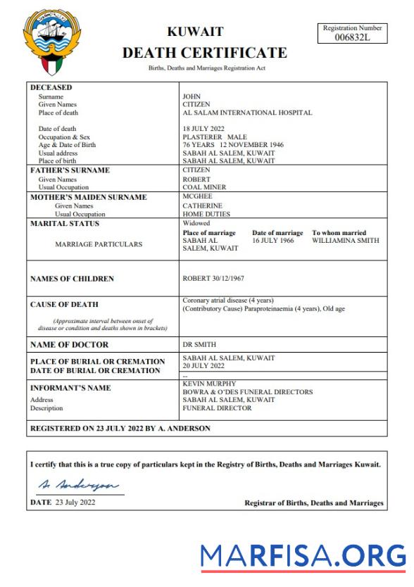 Hohe Qualität Kuwait Tod Zertifikat Word and PDF Vorlage