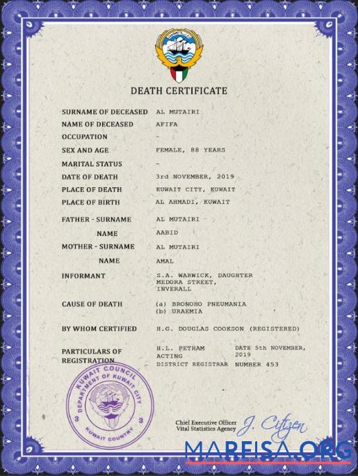 Realistisch Kuwait vital record Tod Zertifikat PSD Vorlage