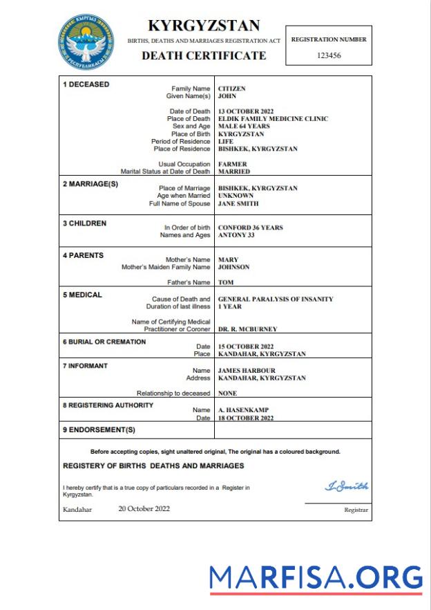 Professionell Kirgisistan Tod Zertifikat Word and PDF Vorlage