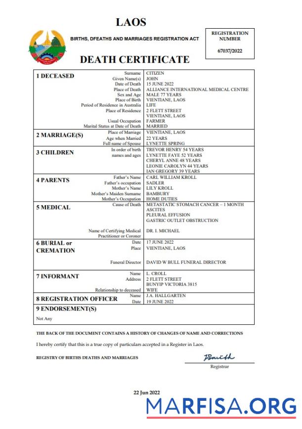 Realistisch Laos vital record Tod Zertifikat Word and PDF Vorlage