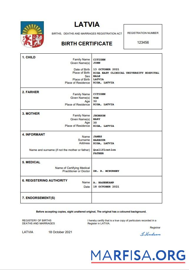 Professionell Lettland vital record Geburt Zertifikat Word and PDF Vorlage