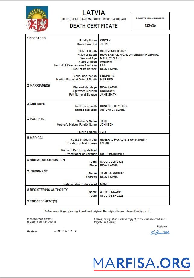 Premium Lettland vital record Tod Zertifikat Word and PDF Vorlage