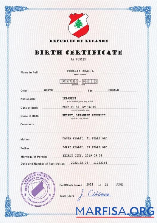 Realistisch Libanon vital record Geburt Zertifikat PSD Vorlage