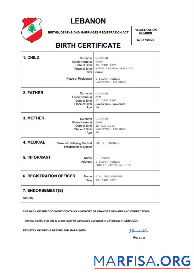 Hohe Qualität Libanon vital record Geburt Zertifikat Word and PDF Vorlage