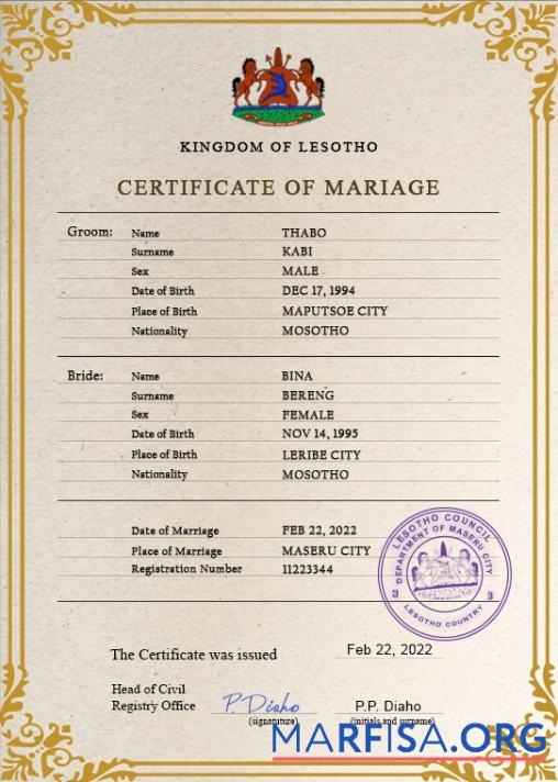 Bearbeitbar Lesotho Ehe Zertifikat PSD Vorlage