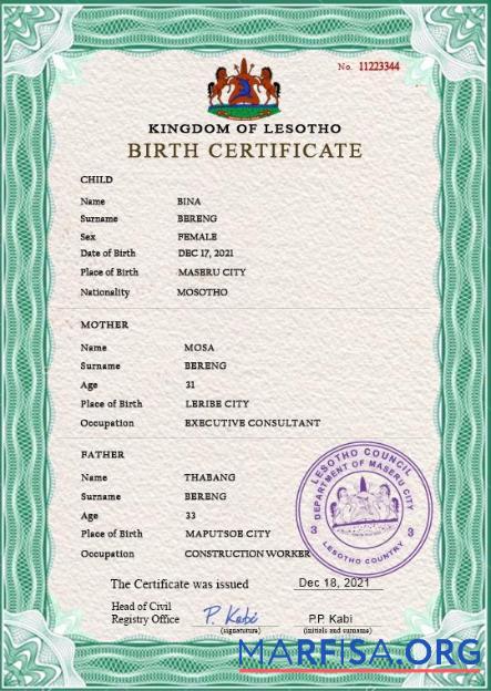 Realistisch Lesotho vital record Geburt Zertifikat PSD Vorlage
