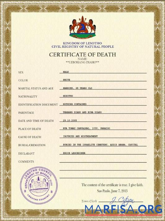 Professionell Lesotho vital record Tod Zertifikat PSD Vorlage