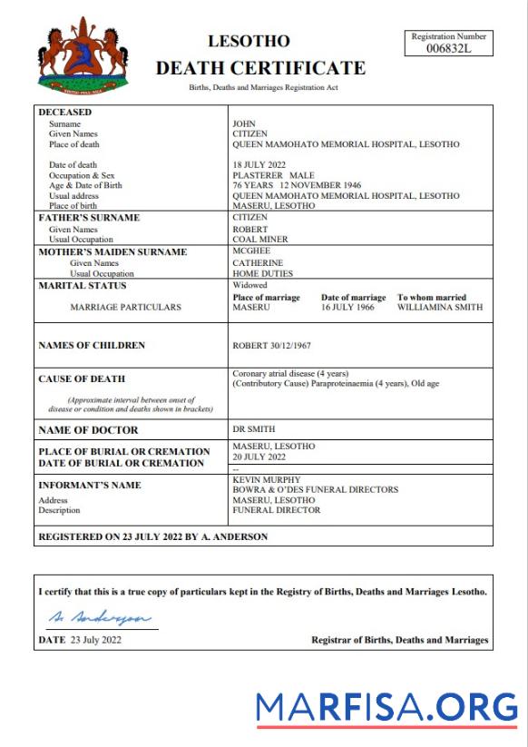 Professionell Lesotho vital record Tod Zertifikat Word and PDF Vorlage