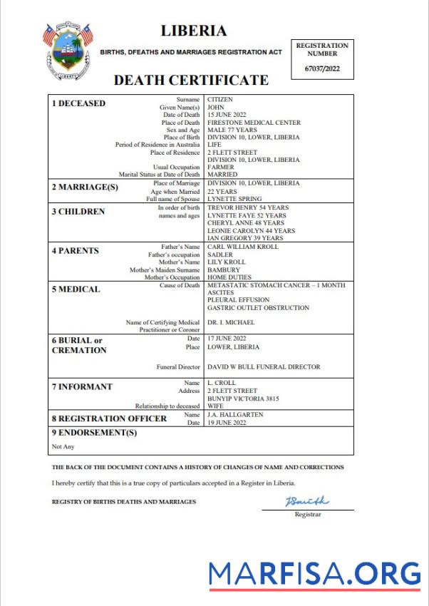 Bearbeitbar Liberia Tod Zertifikat Word and PDF Vorlage