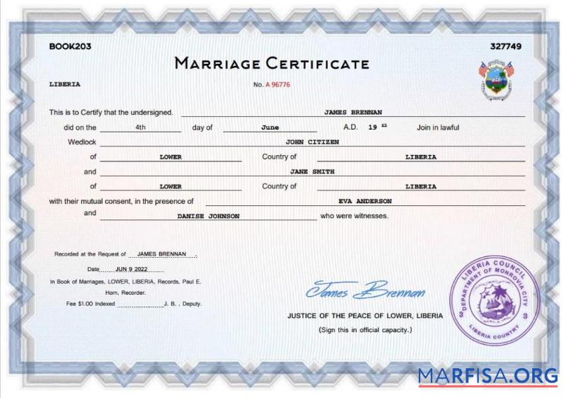 Bearbeitbar Liberia Ehe Zertifikat Word and PDF Vorlage