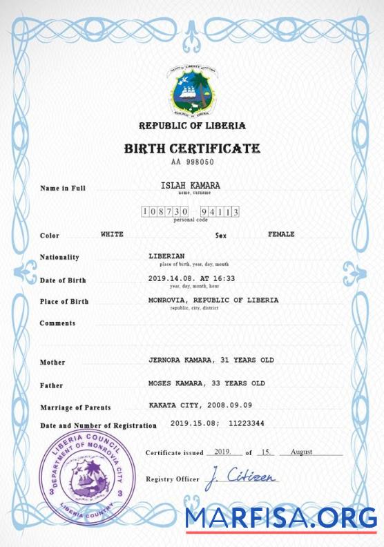 Hohe Qualität Liberia vital record Geburt Zertifikat PSD Vorlage