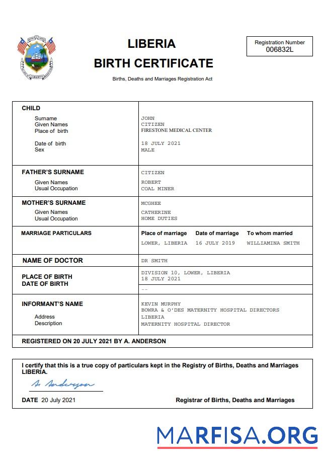 Realistisch Liberia vital record Geburt Zertifikat Word and PDF Vorlage