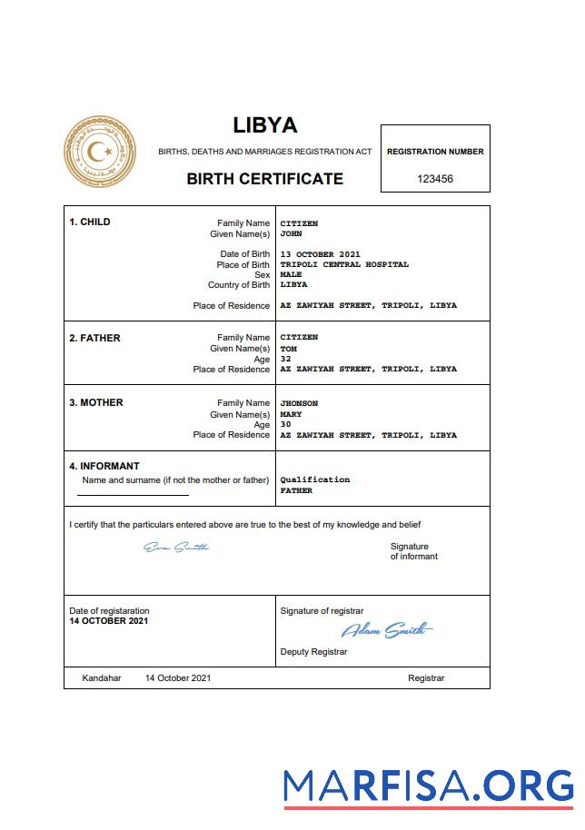 Professionell Libyen Geburt Zertifikat Word and PDF Vorlage