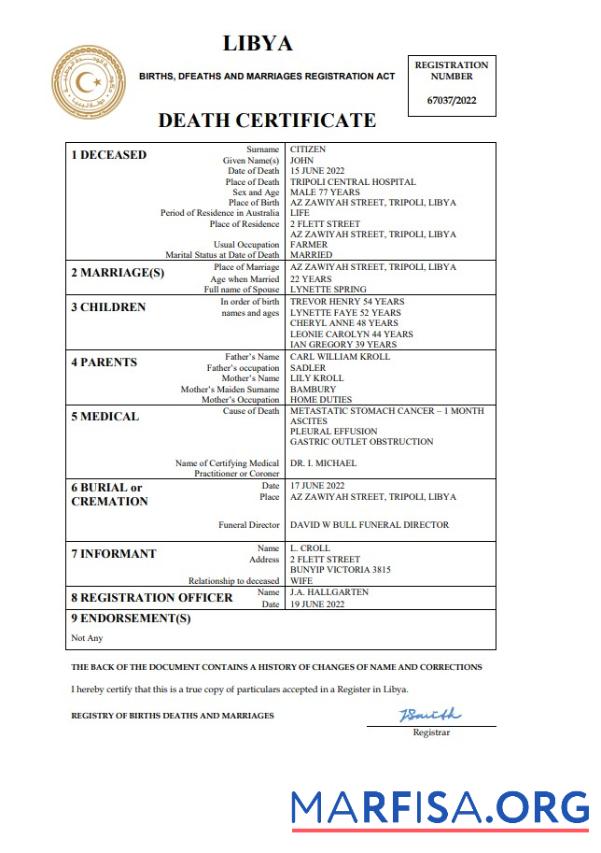 Bearbeitbar Libyen Tod Zertifikat Word and PDF Vorlage