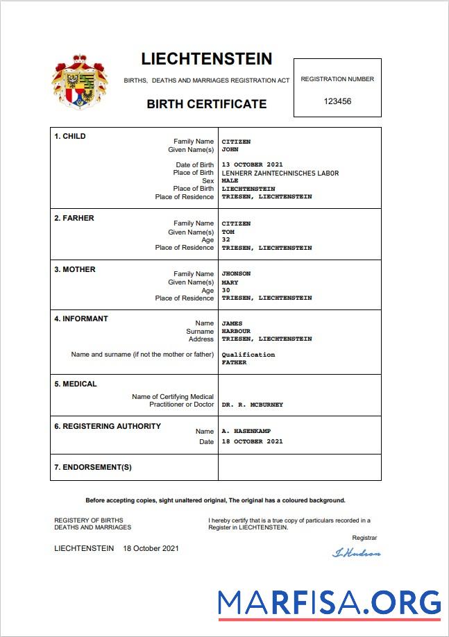 Realistisch Liechtenstein vital record Geburt Zertifikat Word and PDF Vorlage