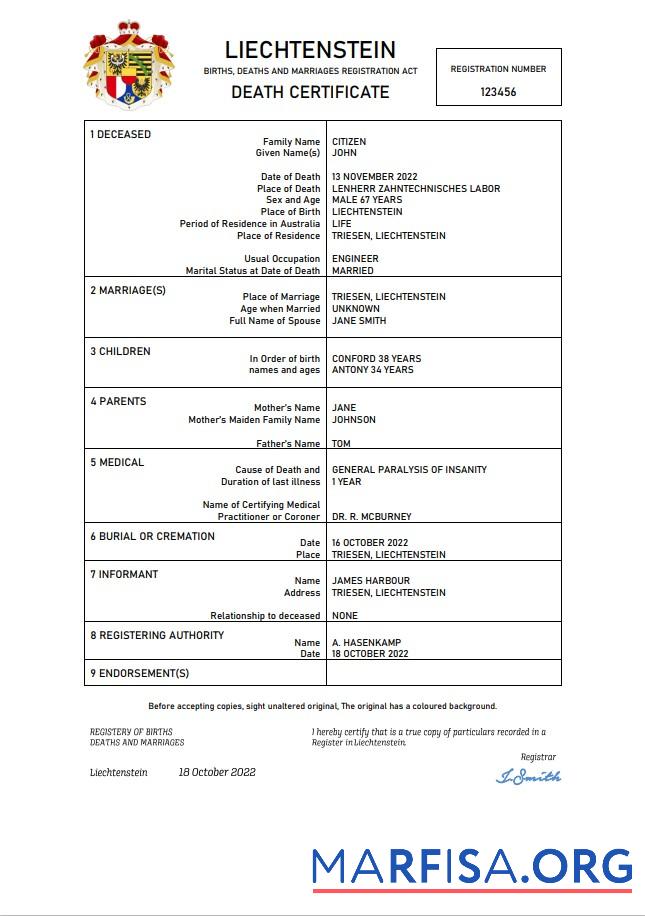 Hohe Qualität Liechtenstein vital record Tod Zertifikat Word and PDF Vorlage