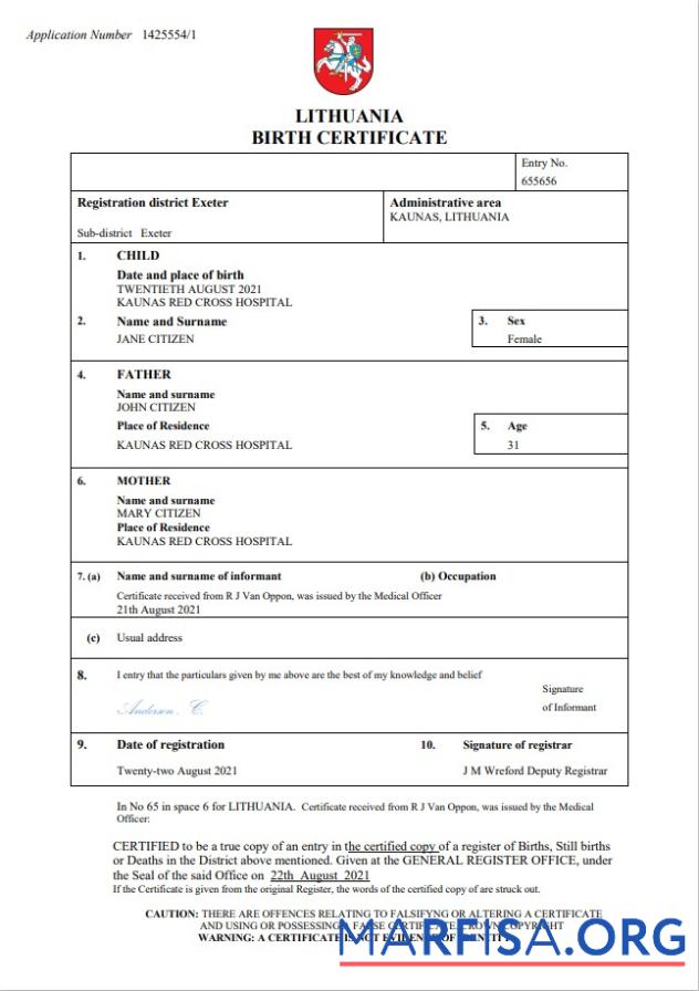 Bearbeitbar Litauen Geburt Zertifikat Word and PDF Vorlage
