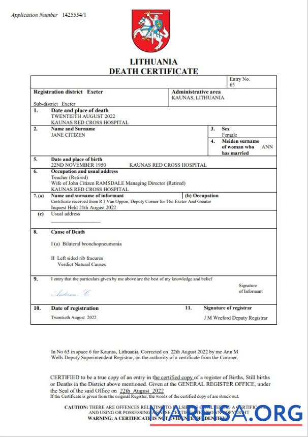 Realistisch Litauen vital record Tod Zertifikat Word and PDF Vorlage