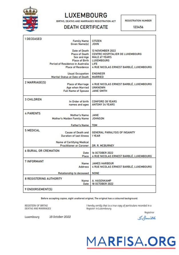 Bearbeitbar Luxemburg Tod Zertifikat Word and PDF Vorlage