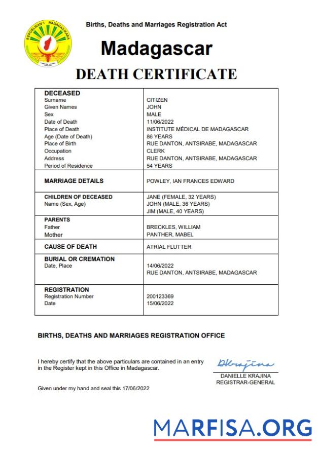 Professionell Madagaskar vital record Tod Zertifikat Word and PDF Vorlage