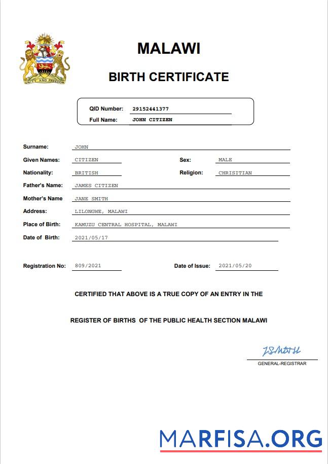 Premium Malawi Geburt Zertifikat Word and PDF Vorlage, completely Bearbeitbar