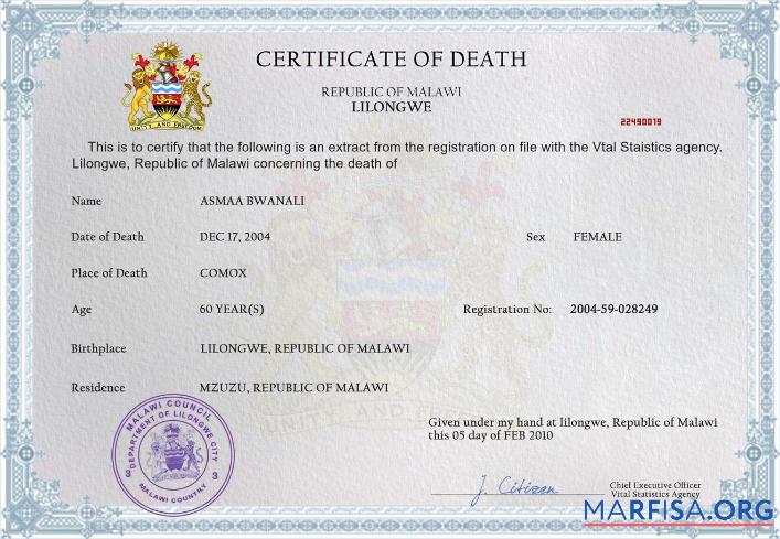 Malawi Tod Zertifikat Design