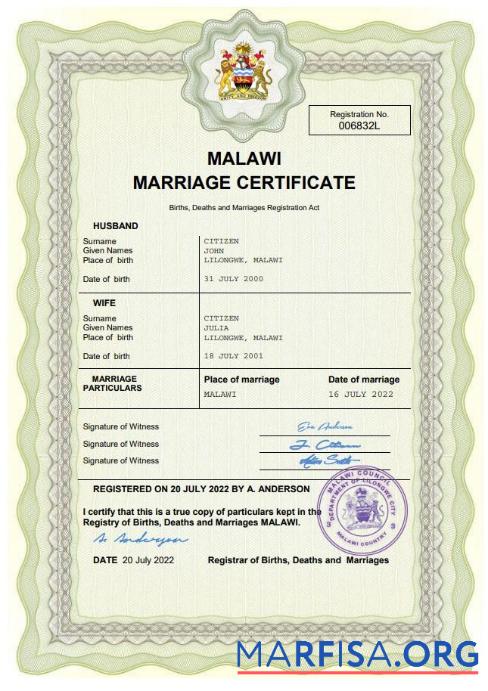Hohe Qualität Malawi Ehe Zertifikat Word and PDF Vorlage