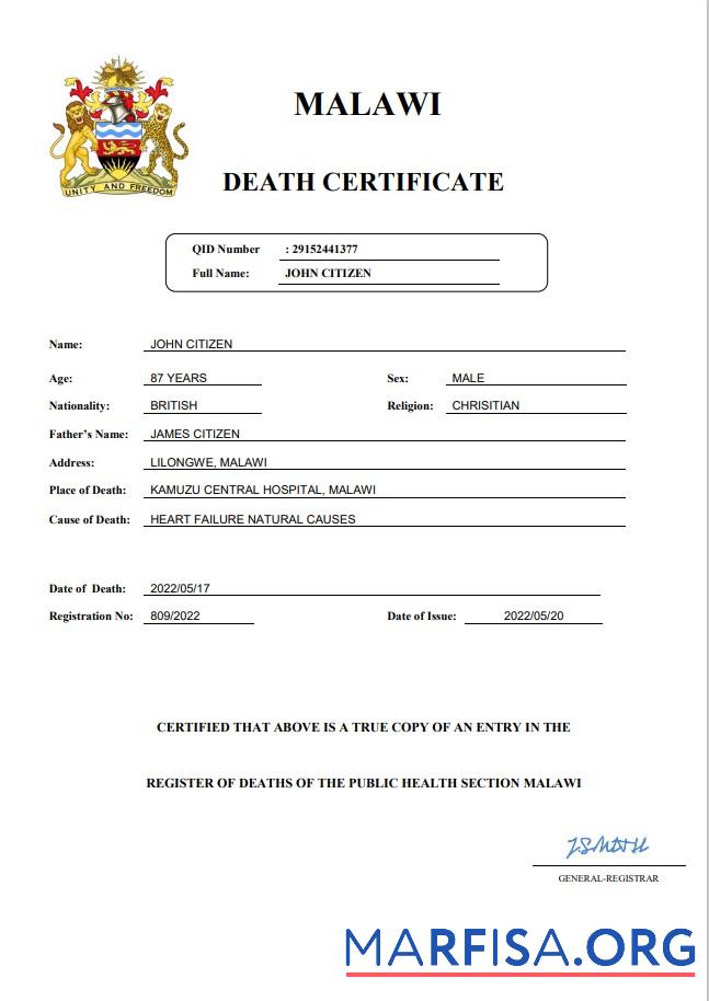 Premium Malawi vital record Tod Zertifikat Word and PDF Vorlage