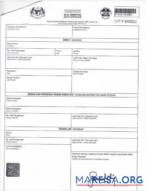 Malaysia Department of Gesundheit Tod Zertifikat Vorschau