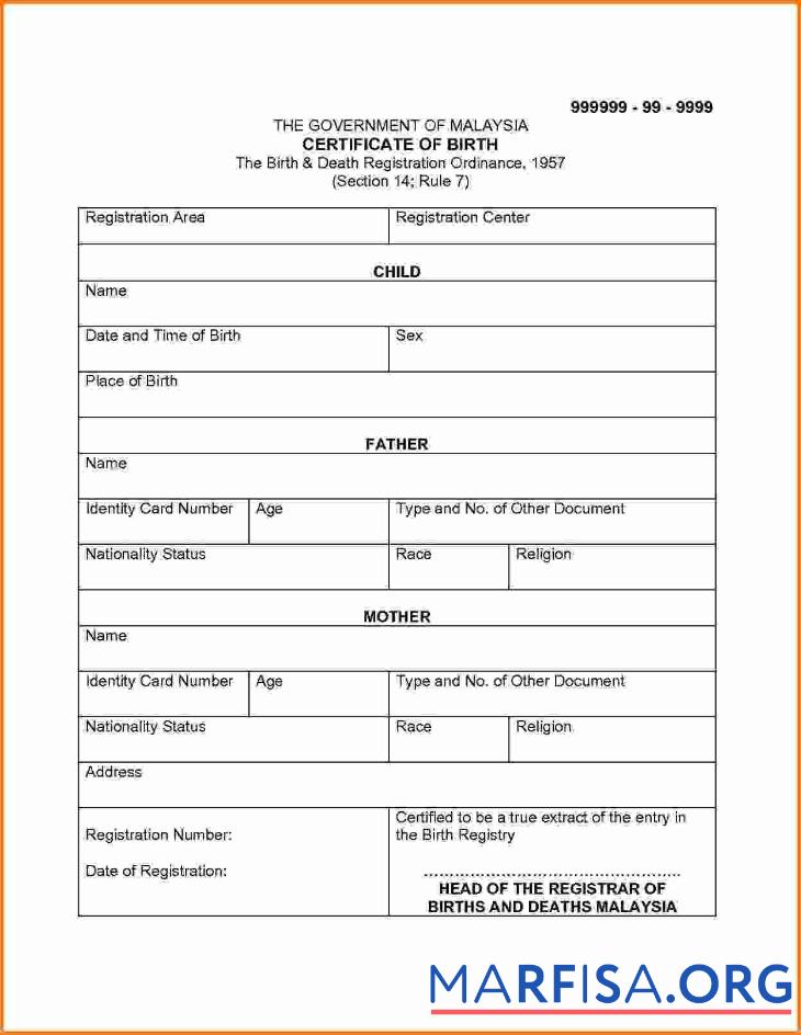 Malaysia The Geburt and Tod Registrierung ordinance Geburt Zertifikat Vorschau