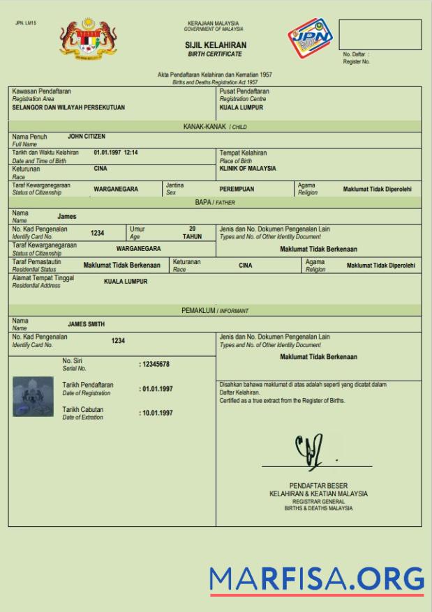 Bearbeitbar Malaysia Geburt Zertifikat Word and PDF Vorlage