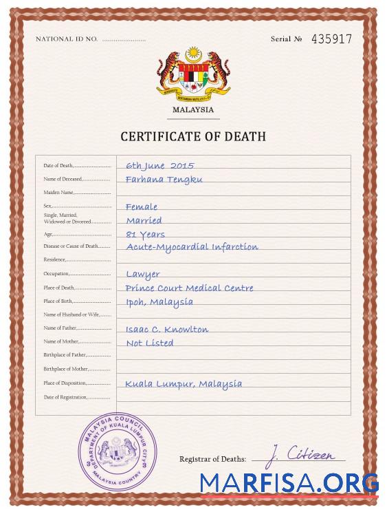 Realistisch Malaysia Tod Zertifikat PSD Vorlage