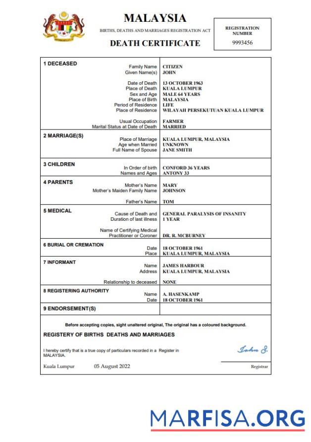 Realistisch Malaysia Tod Zertifikat Vorlage in Word and PDF Format