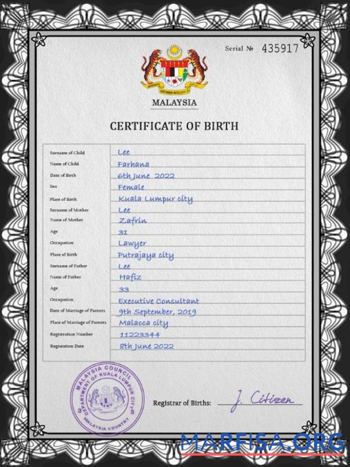 Professionell Malaysia vital record Geburt Zertifikat PSD Vorlage