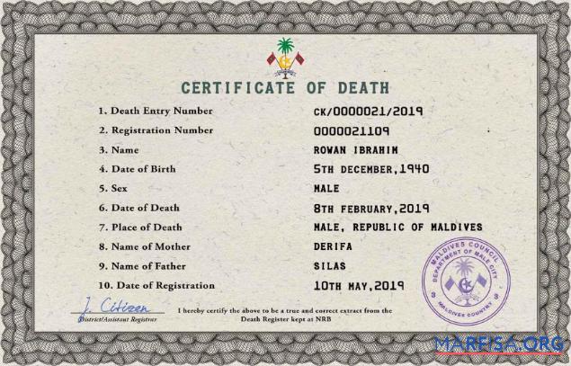 Professionell Malediven vital record Tod Zertifikat PSD Vorlage