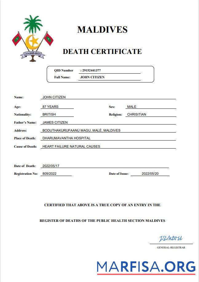 Realistisch Malediven vital record Tod Zertifikat Word and PDF Vorlage