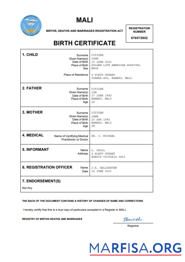Premium Mali vital record Geburt Zertifikat Word and PDF Vorlage