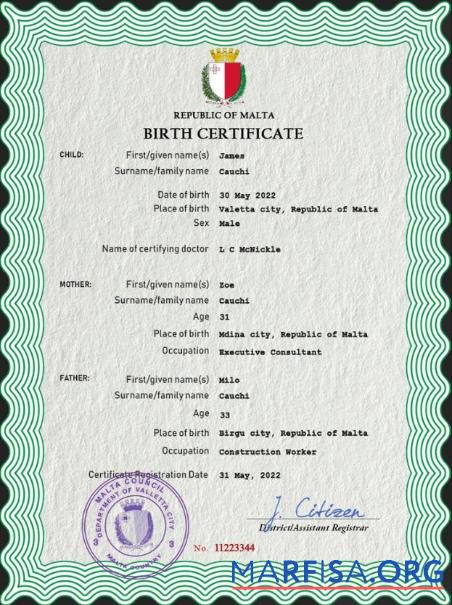 Professionell Malta vital record Geburt Zertifikat PSD Vorlage
