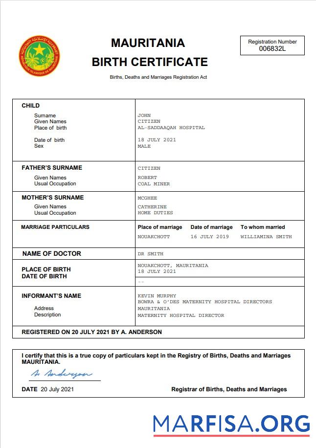 Hohe Qualität Mauretanien Geburt Zertifikat Word and PDF Vorlage