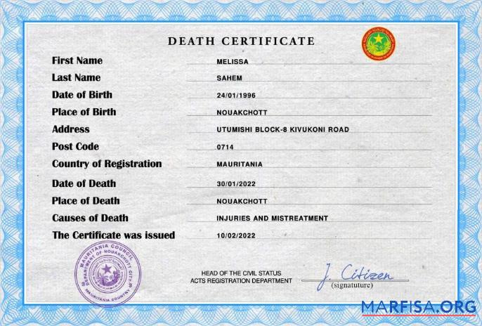 Bearbeitbar Mauretanien vital record Tod Zertifikat PSD Vorlage