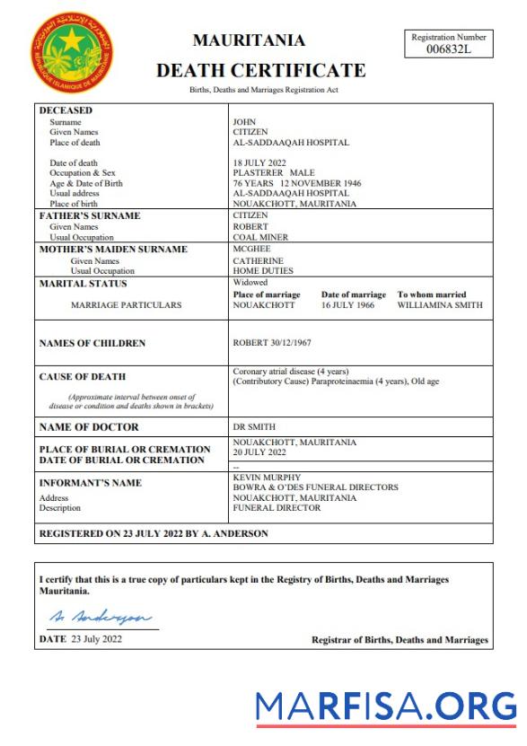 Bearbeitbar Mauretanien vital record Tod Zertifikat Word and PDF Vorlage