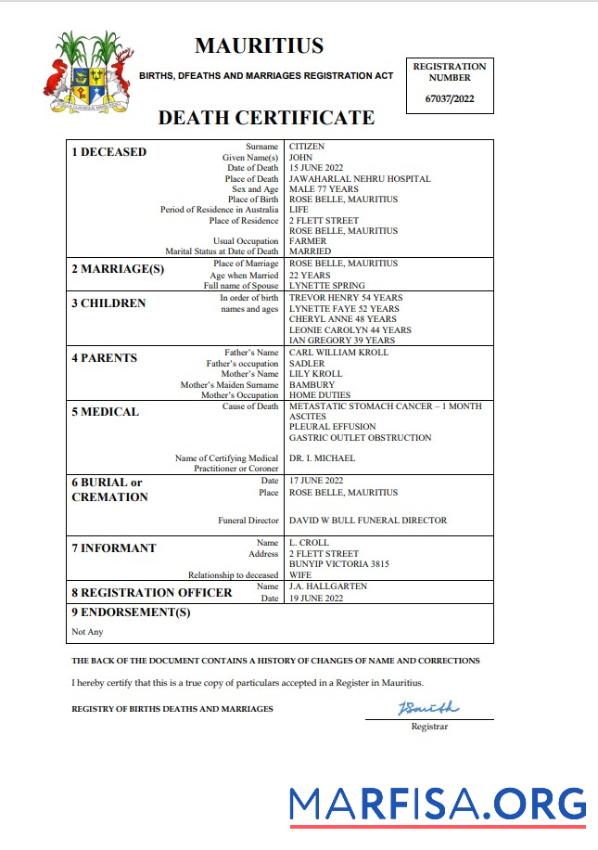 Hohe Qualität Mauritius Tod Zertifikat Word and PDF Vorlage, completely Bearbeitbar