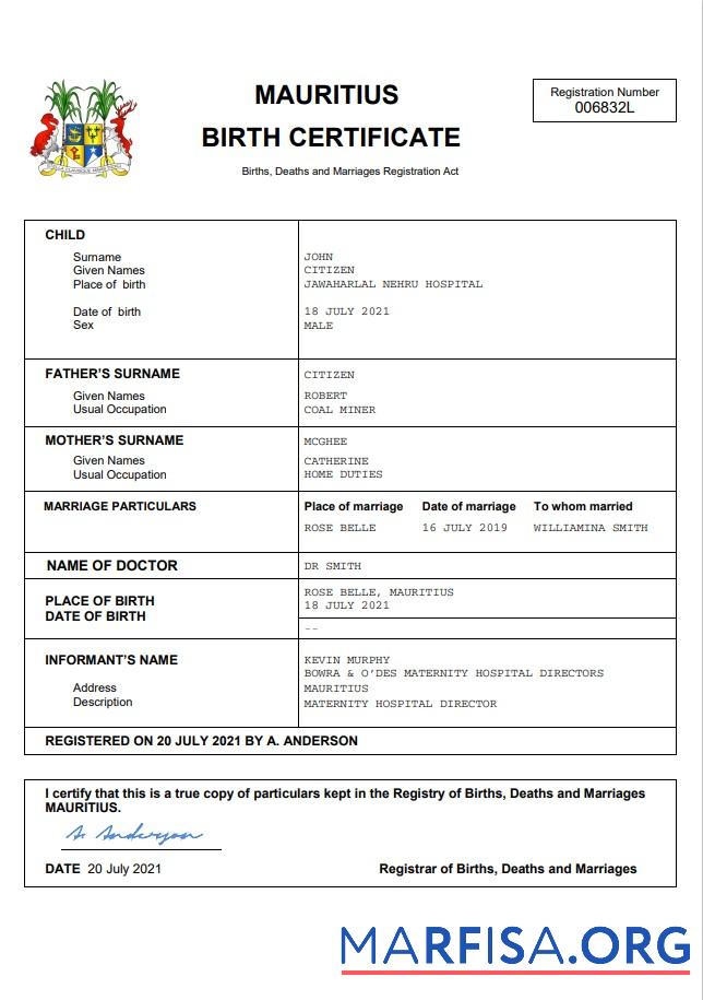 Professionell Mauritius vital record Geburt Zertifikat Word and PDF Vorlage