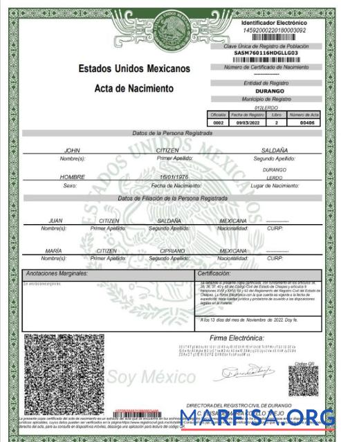 Realistisch Mexiko Geburt Zertifikat Word and PDF Vorlage, Version 2