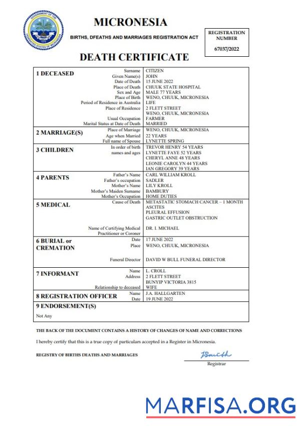 Bearbeitbar Mikronesien vital record Tod Zertifikat Word and PDF Vorlage