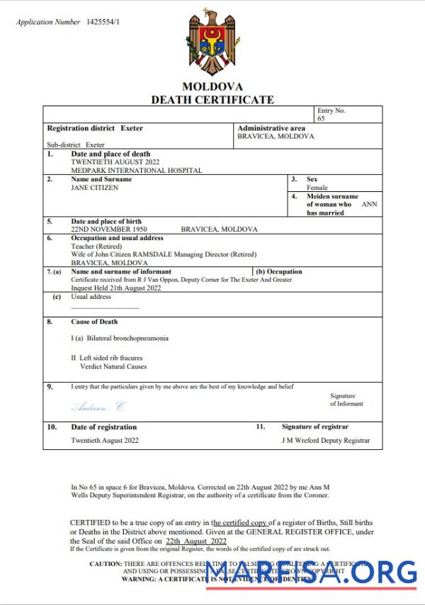 Bearbeitbar Moldawien Tod Zertifikat Word and PDF Vorlage