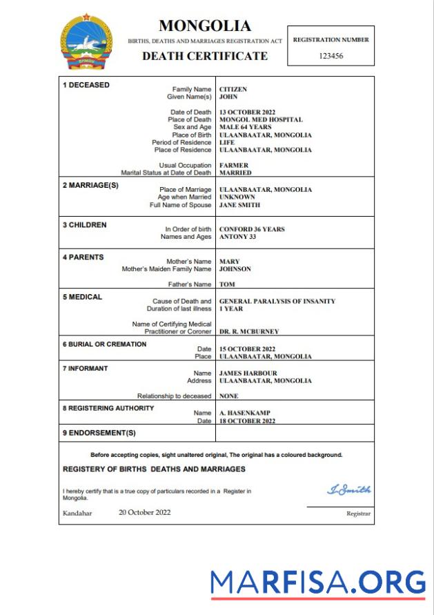 Bearbeitbar Mongolei vital record Tod Zertifikat Word and PDF Vorlage