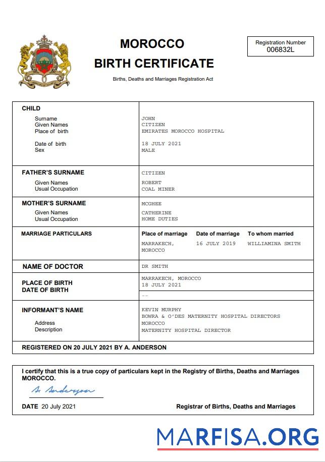 Realistisch Marokko vital record Geburt Zertifikat Word and PDF Vorlage