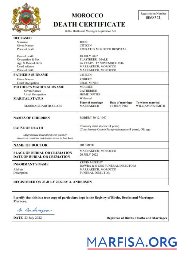 Hohe Qualität Marokko vital record Tod Zertifikat Word and PDF Vorlage